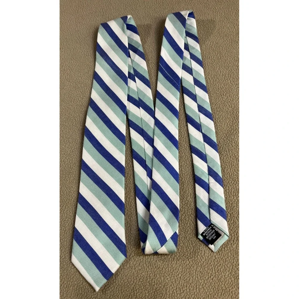 Wembley Green Blue White Striped Tie Men's Silk/Linen Blend Necktie 59.5